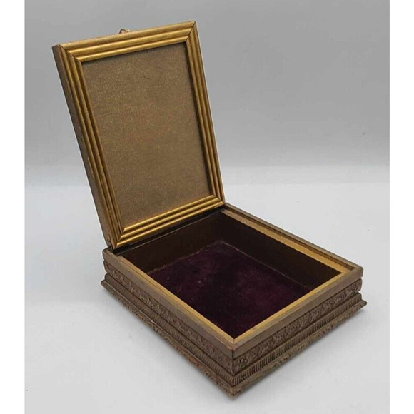 Antique 1920s Hand Carved Wood Jewelry Box French Victorian Print. Velvet Lining - Picture 4 of 16